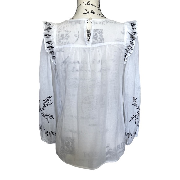 LOFT Embroidered Smocked Ruffle Blouse | White Black Boho Peasant Top | Size XS - Picture 4 of 8